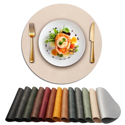 Image of UnivoColors Placemats Round Faux Leather Placemats Set of 6-Waterproof-Wipe Clean-Heat Resistant-Anti Slip Dining Table Place Mats,Suitable for Indoor & Outdoor Use,15 inch.Retro Beige