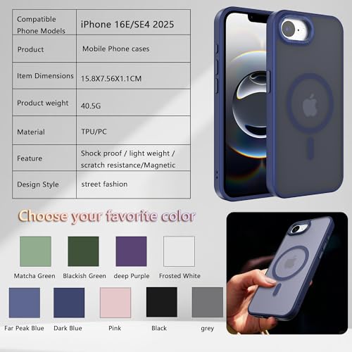 Image of Magnetic iPhone 16E /17e case,Compatible with Magsafe, Military-Grade Protection,Slim Translucent Matte Shockproof with Anti-Scratch Anti-Fingerprint Phone Cover (Dark Blue, iPhone 16E /17e)