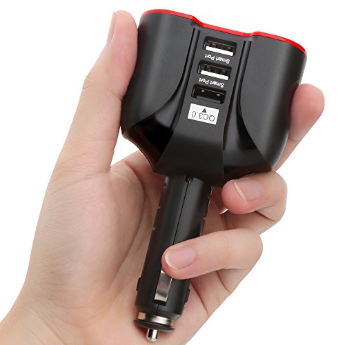 QC3.0 Smart Car Charger, 2 Socket + 3 USB (2xSmart USB Port & 1xQC3.0 USB Port) Multifunction Car Socket Splitter Adapter Built-in 10A Fuse for Smart Phones, Tablets, GPS, MP3 Players