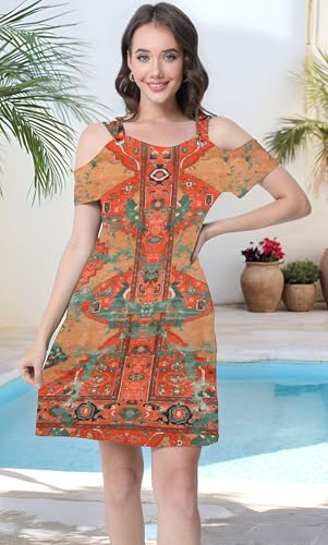 Image of GUNEST Womens Summer Dress Cold Shoulder Scoop Neck Short Sleeve Spaghetti Strap with O Ring Fashion Sundress with Pockets