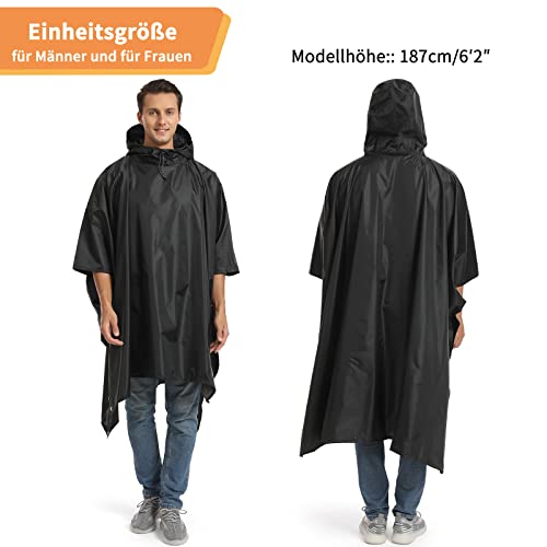 Opret Wasserdicht Regenponcho Damen Herren, Leicht Atmungsaktiv Regencape 3-in-1-Multifunktional Regenmantel Regenschutz Regen Poncho für Wandern und Camping-Schwarz
