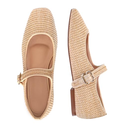 Raffia Mary Jane Flats Women, Woven Ballet Flats with Strap Closed Square Toe Flat Shoes for Daily Casual Dress4