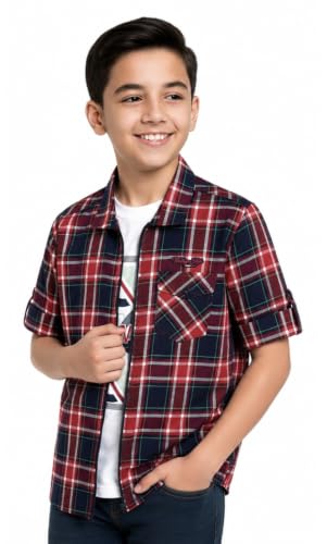 Image of CAVIO Boys Checkered Casual Dark Blue Regular Fit Shirt | Pack of 1 | I580028-P