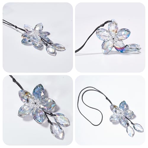 Image of Crystal Flower Car Rear View Mirror Hanging Ornament - Sparkles with Rainbows for a Sense of Luck and Happiness Car Interior Accessories (Charming Green)