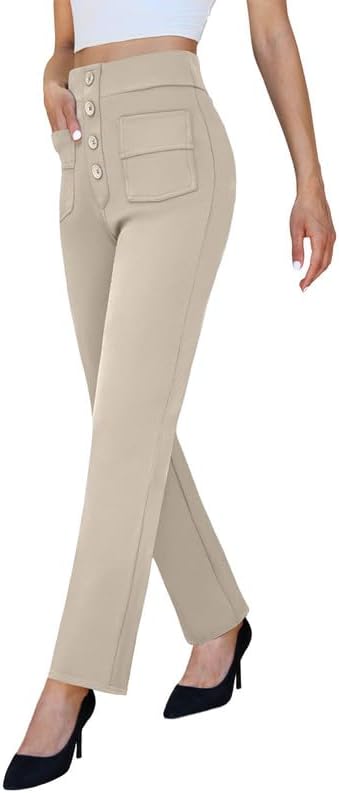 keriffe High Waist Stretchy Womens Dress Pants with Pockets Straight Leg Business Casual Work Trousers Office Slacks