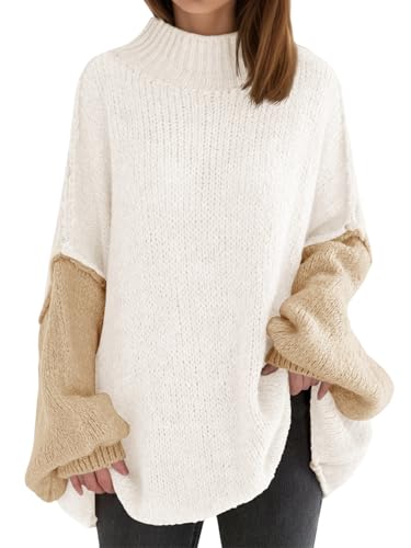 Saodimallsu Womens Oversized Tunic Sweaters Color Block Chunky Long Sleeve Mock Neck Slouchy Knit Pullover Tops