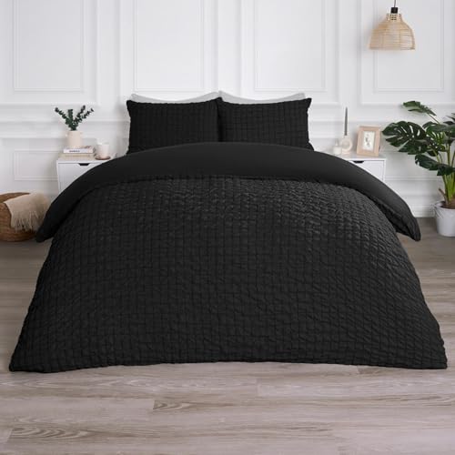 OHS Seersucker Single Duvet Cover Set, Ultra Soft Cosy Fabric Single Bedding Textured Geometric Design Timeless Comfort Single Duvet Set & 1 Pillowcase, Black