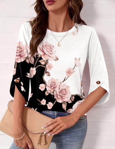 Blingfit Womens T Shirts Summer Three Quarter Sleeve Crew Neck Tunic Tops to Wear with Leggings Pink Rose Cute Clothes M — view 3