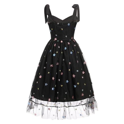 Image of IDOPIP Women 1950s Vintage Strawberry /Cherry /Sequin Star Print Cocktail Mesh Dress Self Tie Straps Retro Wedding Guest Dress