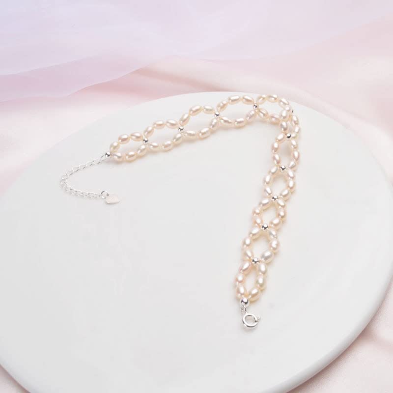 Pulsera De Plata De Ley 925 con Perlas Naturales para Mujer, Joyería Hecha A Mano con Perlas De Agua Dulce De 3-4mm