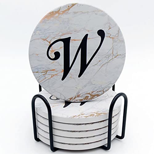 Monogrammed Coasters for Drinks Absorbents with Holder, Set of 6 Ceramic Marble Style Drink Coaster with Cork Base,Personalized Coasters Customizable with Name, Initial Letter W
