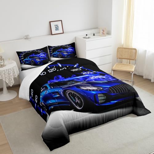 Image of Feelyou Race car Comforter Set Toddler Size for Girls Boys Cool Speed Sports Car Comforter Racing Car Bedding Set Extreme Sports Duvet Set 2Pcs Quilt Set