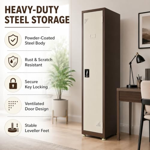 Image of Amazon Brand - Solimo Single Door Steel Locker Cabinet with 4 Shelves & Hanging Rod | Lockable Metal Storage Cupboard for Home, Office, Gym, School & Factory | Powder Coated, Brown