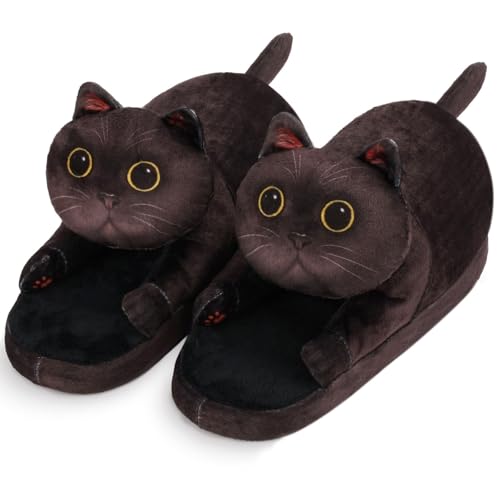 Openhahaha Lustige Katzen Hausschuhe Damen & Herren,Winter Warme Pantoffeln Tiere PlüSch,Rutschfeste HüTtenschuhe,Cat Slippers Kuschelige.Katzenliebhaber Geschenke FüR Frauen (Schwarz)