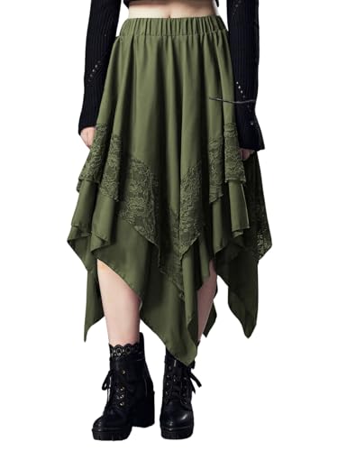 Verdusa Women'S Renaissance Skirt Lace Flowy Fairy Skirt Y2K Layered Asymmetrical Midi Skirt Army Green Medium cover