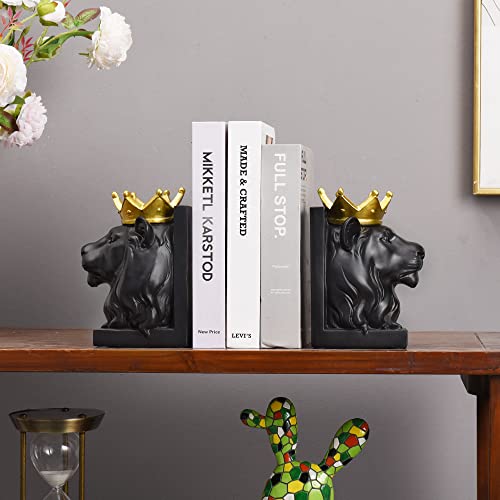 Kakizzy Lion Bookends, Luxurious Modern Bookends Decorative Book Ends To Hold Books Heavy Duty Sturdy Bookshelf Ends Holder For Kids Rooms Resin Animal Figurine Statue For Shelves Decor, Black #TOP4