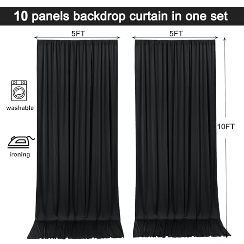 Image of 50x10ft Black Backdrop Curtain for Wedding Parties Wrinkle Free Fabric Black Drapes Backdrop Decoration for Baby Shower Birthday Photography Decoration 10 Panels, 5ft x 10ft