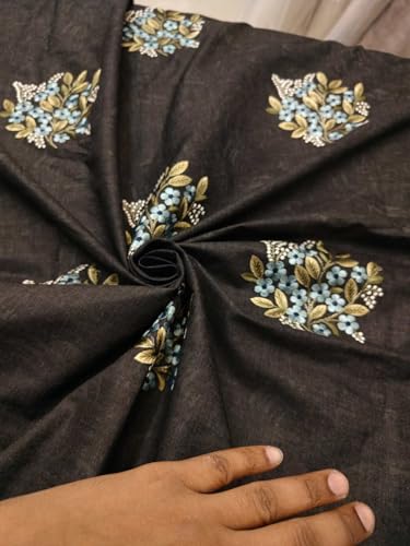 Tissu denim 100% coton motif floral brodé bleu au mètre 22007