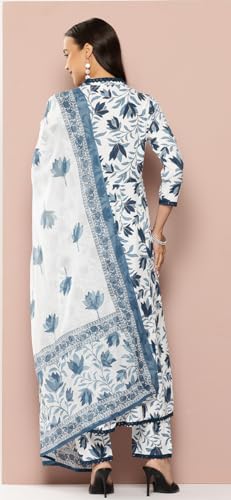 Image of PARTHVI Women's Printed Cotton Anarkali Kurta & Pant With Dupatta Set