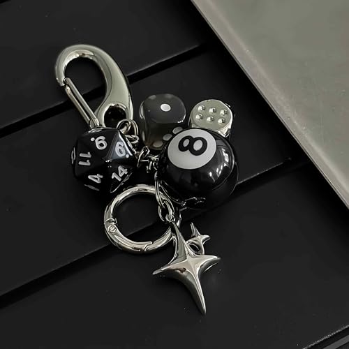 Image of magic 8 ball dice keychain, cute aesthetic y2k pool ball star key chain for men, purse bag charms for handbags backpack, billiards gifts for men