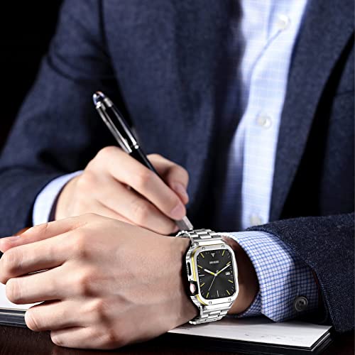 Image of MioHHR Stainless Steel Band and Case Compatible with Apple Watch Band 45mm | Men Metal Protective Bumper Cover with Straps for iWatch 45mm Series 9 /8 /7, Silver /Gold