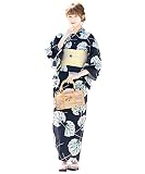 [SOUBIEN] ソウビエン 浴衣 3点 セット レディース (浴衣/半幅帯/下駄) フリーサイズ レトロ 紺 クリーム 蕗 よろけ縞 雨縞 クリーム ykt00202-obh01971