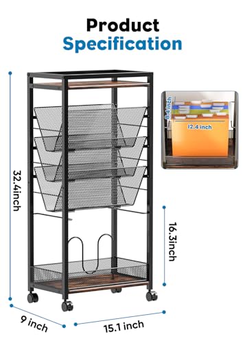 8 Tier Rolling Cart Work As Office File Cart Organization,Teacher Cart,Mobile Bookshelf Carts Or Hanging File Folders on Lockable Wheels,Paper Letter Storage for Home Office, School - Thumbnail 2