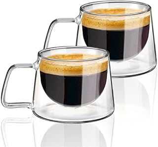 KAMEUN Double Walled Coffee Mug 300ML, Set of 2 Coffee Cups with Handle, Handmade Insulated Borosilicate Glass, Dishwasher Safe & Heat Resistant, Ideal for Clear Mug for Hot and Cold Drinks
