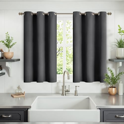 Image of YoungsTex Short Blackout Kitchen Curtains 40 Inches Long - Thermal Insulated Drapes with Grommet Darkening Privacy for Bedroom Bathroom Windows, Dark Grey, 2 Panels, 42 x 40 Inch
