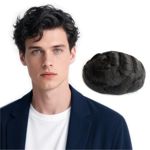 Hywel Toupee for Men with 100% Real Human Hair, Mono Top with Poly Coating Around Cap Mens Wig, Natural Wave Hair Pieces Replacement for Men System Off Black #1B (8 * 10 Inches)