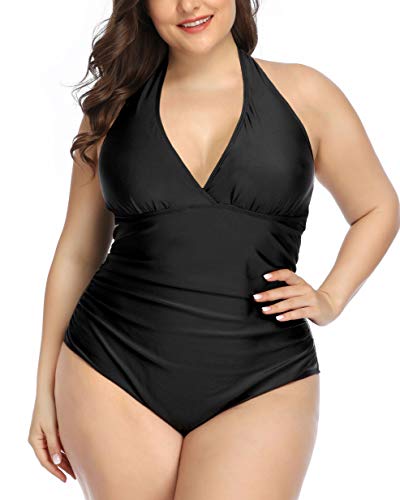 Daci Women Black Plus Size Swimsuits Tummy Control Halter V Neck One Piece Bathing Suits Sexy Swimwear Black XL