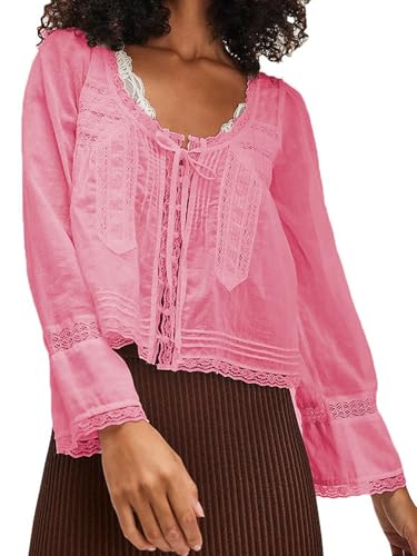 Image of Yoisdtxc Women Boho Tops Lace Tie Up Front Sheer Blouses Spring Fall Casual Tops (A-Pink, L)