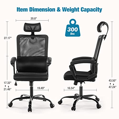 Ergonomic High Back Office Chair – Breathable Mesh Office Chair With Adjustable Headrest And Lumbar Support, Executive Chair With Padded Armrest, Height Adjustable Computer Task Chair Swivel Rolling #TOP2