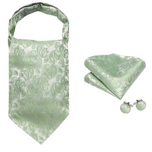 Image of Barry.Wang Ascot Ties Cravat Tie Men Paisley Plaid Scarf Self Tie Pocket Square Cufflinks Set Wedding Party