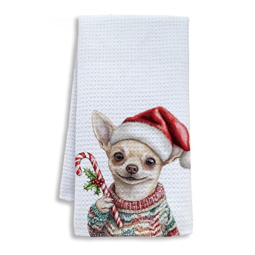 Image of Christmas Chihuahua Kitchen Towels, Chihuahua Gifts for Women Men Dish Tea Towels, Funny Candy Cane Dog Decorative Hand Towel for Bathroom Decor, 16x24 Inch