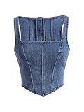 WDIRARA Women's Square Neck Sleeveless Zip Back Asymmetrical Denim Tank Crop Top