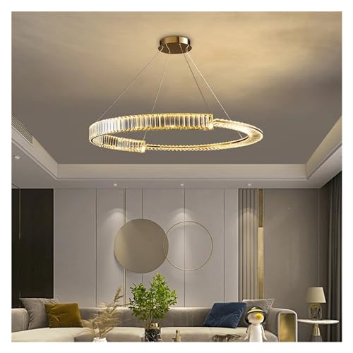Suspension cristal salon moderne grand plafonnier triple anneau lumineux doré