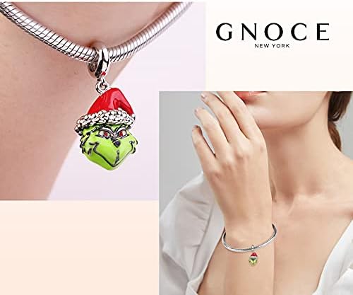 GNOCE Green Monster with Christmas Hat Charm Pendant Sterling Silver Different Christmas Geek Dangle Charm fit Bracelet/Necklace Christmas Jewellery Gift for Women Men
