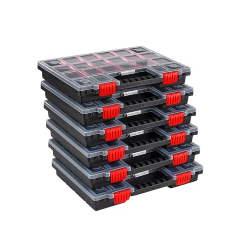 Valle Verde 6er Set Sortimentskasten, Sortierkasten, Kleinteilemagazin, Sortierbox - Verstellbare Trennstege, Transparenter Deckel, Verschließbar, Stapelbar, Kunststoff - 34,4 cm x 24,9 cm x 5 cm