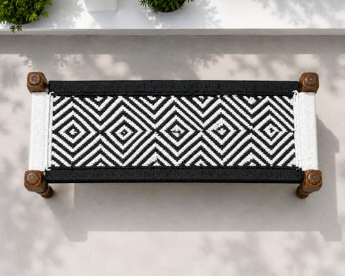 Image of Handwoven Wooden Bench | Traditional Rope Charpai Stool | Solid Wood Frame Seating for Living Room, Balcony & Outdoor | Durable & Stylish Design (Black & White Finish)