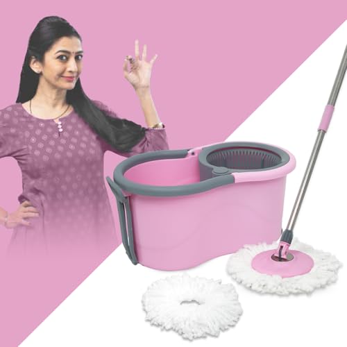 ELINOR Delight Spin Mop Bucket Set Comes with 2 Microfiber Refills, 360 Degree Rotating Mop with Extendable Rods and Handle Lock, Pink