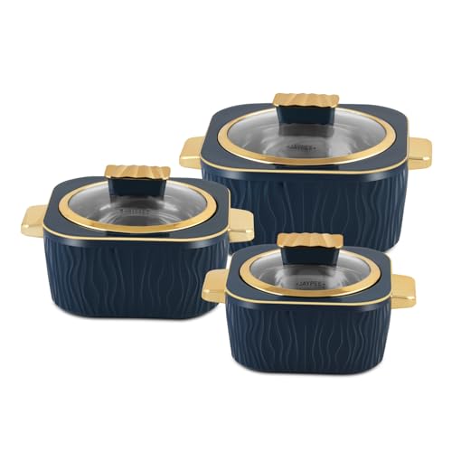 Image of JAYPEE Crinkle Klass Inner Stainless Steel Casserole Set of 3(1000+1500+2000) ml PUF Insulated Gold Finish Handle Lockable Lid BPA Free Hot Box for Kitchen Roti Box Hot Pot Serving Casserole,S.Green