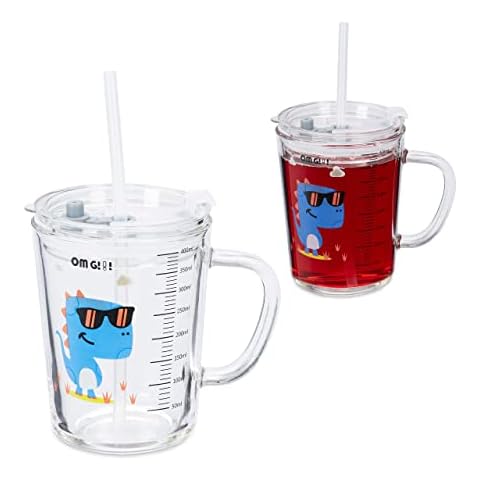 Relaxdays Kindergläser 2er Set, Dino-Motiv, Trinkglas Kinder, mit Henkel, Deckel & Strohhalm, 400 ml Skala, transparent, Glas Cover