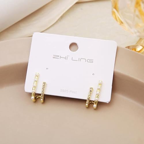 Miniatura 4 de Pendientes brillantes en forma de U Pendientes vintage de doble capa de perlas Pendientes de metal de diamante