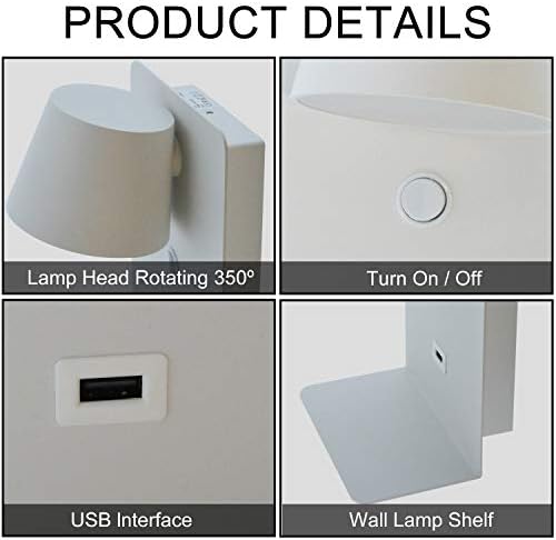 Plug in Wall Lights 6W LED Warm Lighting, White Wall Lamps with USB Port/Shelf for Bedside Reading 350 Degrees Rotation Mounted Fixture for Bedroom,Living Room, Office Hotel, Kids Room-Length 5.51” 6 41OGbu 5lIL. AC