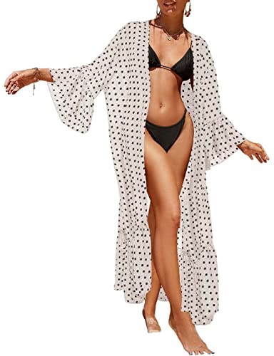 NLAND Vestido de Playa Mujer Suelto Cárdigan Bohemia Verano Kimono Largo Bikini Cover Up Caftan Casual Chic(Blanco)
