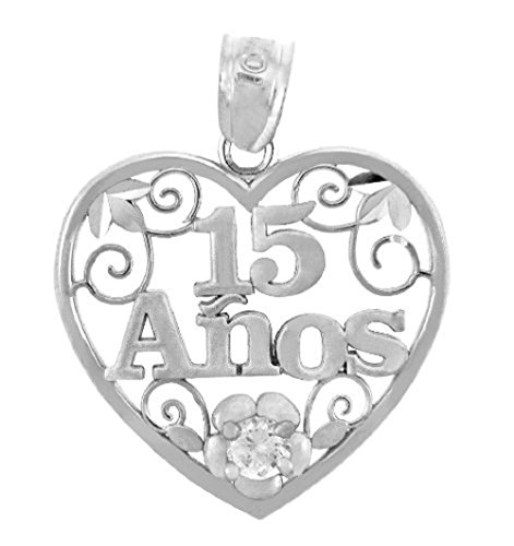 Claddagh Gold 925 Sterling Silver Sweet 15 Años - Quinceanera Pendant Heart with Cubic Zirconia