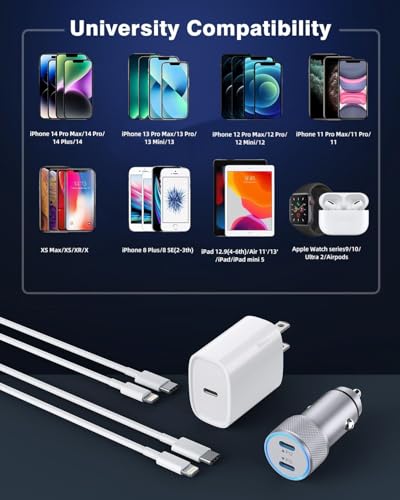 Image of iPhone Car Charger,Dual Port USB C Fast Car Chargers,40W Type C i Phone Charger for Cars Quick Charging+2pack 3.3ft Lightning Cable + 20W USBC PD Plug Fast Charging for iPhone 14 /13 /12 /11 Pro Max /iPad