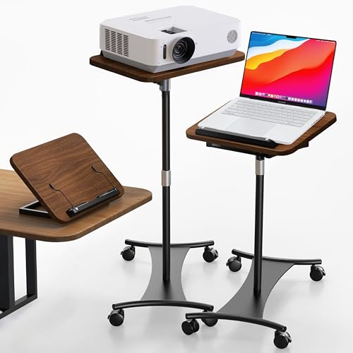 Image of YUMFUN Rolling Laptop Floor Stand, Dual-Purpose for Desk & Floor, Adjustable Height from 16.5" to 51", with 4 Lockable Casters & Book Page Clips, Portable Laptop Stand (Walnut Finishing)