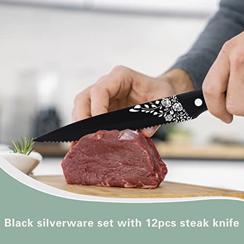 Euirio 72-Piece Black Silverware Set With Steak Knives,Black Flatware Set For 12,Stainless Steel Tableware Cutlery Set,Kitchen Utensils Spoon And Fork Set With Floral Laser,Dishwasher Safe #TOP4